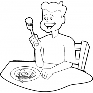 disegni da colorare bambino che mangia spaghetti con polpette