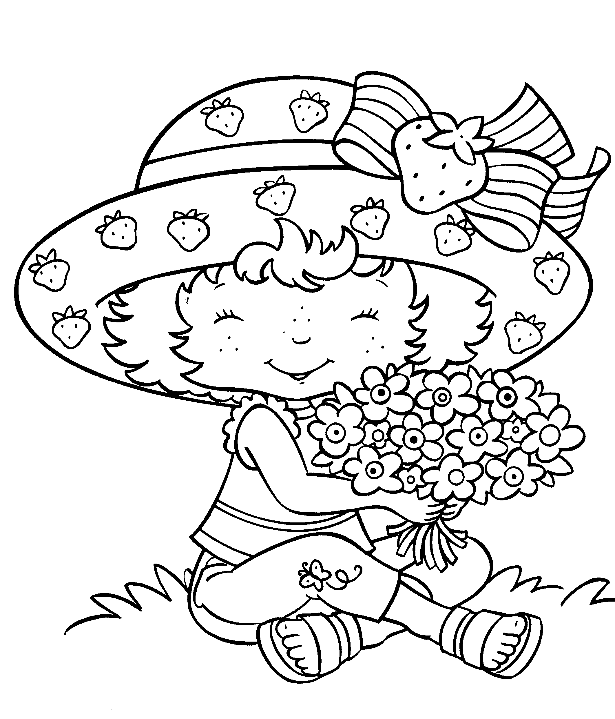 disegni da colorare fragolina dolcecuore con bouquet di fiori