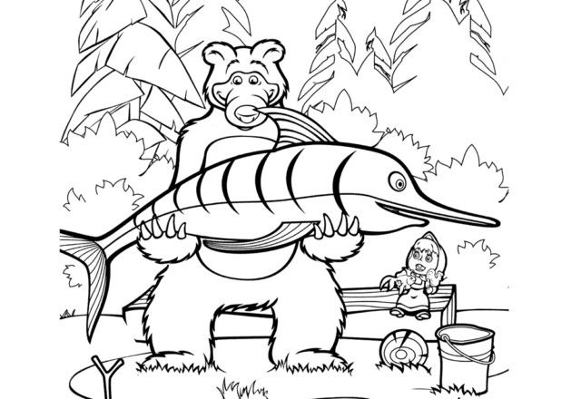 disegni da colorare gratis masha con orso che pesca