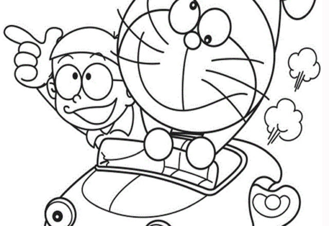 disegni da colorare per bambini doraemon e nobita su macchina