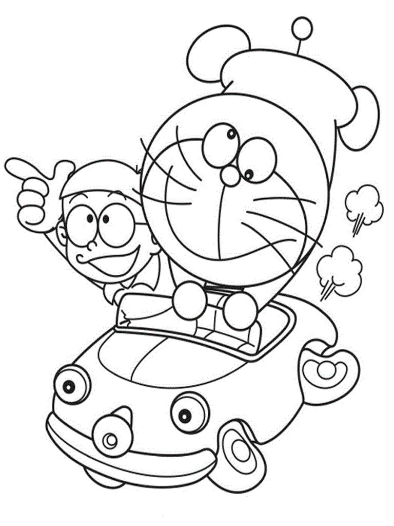 disegni da colorare per bambini doraemon e nobita su macchina