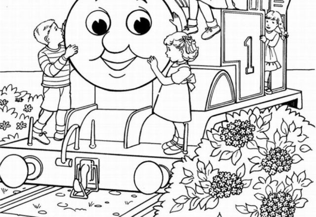 disegni da colorare trenino thomas e bambini