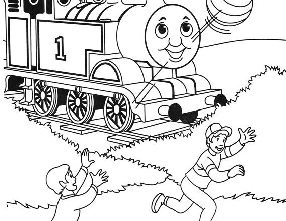 disegni da colorare trenino thomas e bambini che giocano