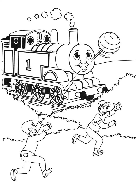 disegni da colorare trenino thomas e bambini che giocano