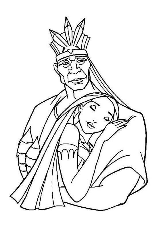 disegni per bambini da colorare pocahontas abbraccia suo padre Capo Powhathan