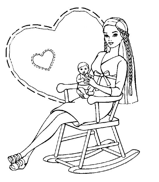 disegno barbie mamma con piccolino su sedia a dondolo