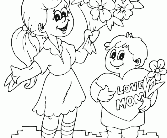 disegno bimbo con la sua mamma e fiori