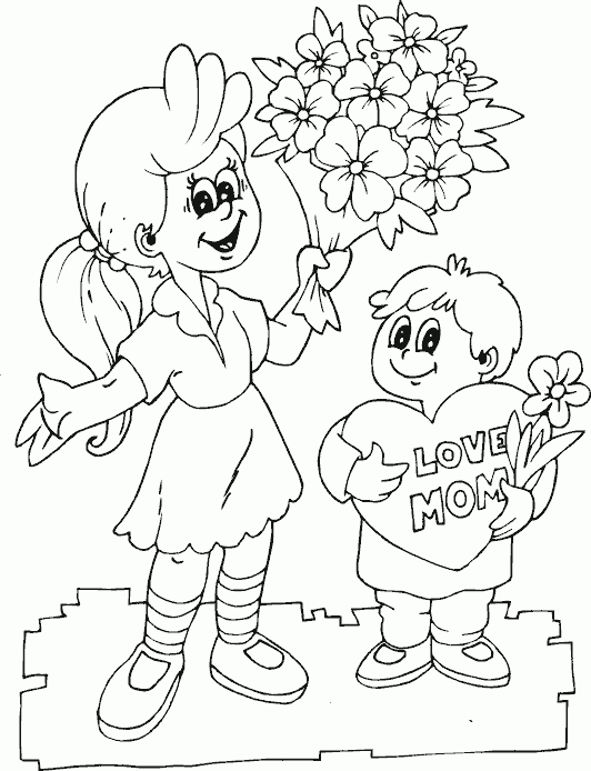 disegno bimbo con la sua mamma e fiori