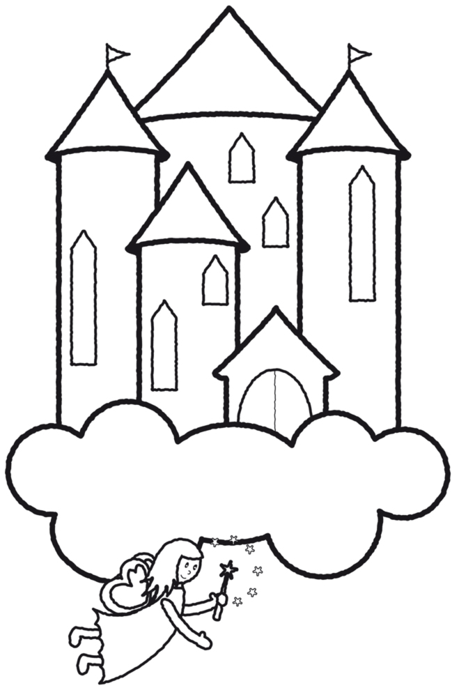 disegno da colorare fatina con castello per bambini