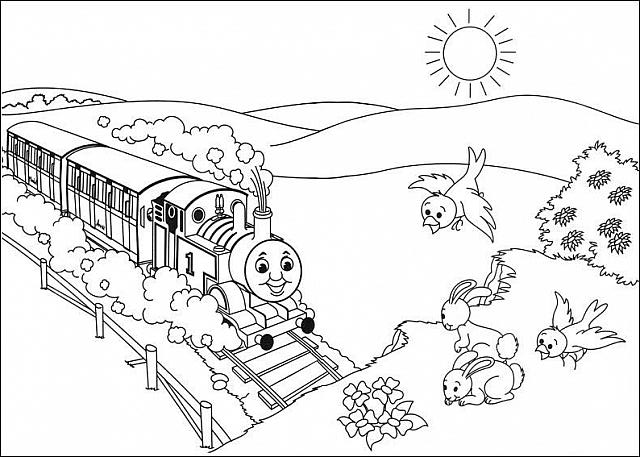 disegno da colorare il trenino thomas e i coniglietti per bambini